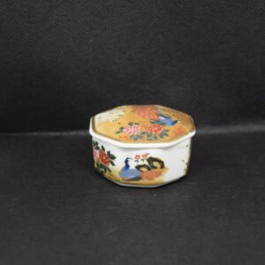 satsuma, japan, japanese porcelain, trinket box, peacock, gilded, vintage, hexagonal, jewelry ring box
