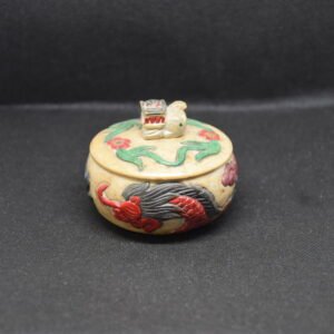 chinese soapstone box, shoushan, carved stone, dragon, elephant finial, red seal, trinket box, pill box, vintage