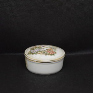 japan porcelain trinket box, mizuki, lidded box, birds flowers, gilt, vintage jewelry box